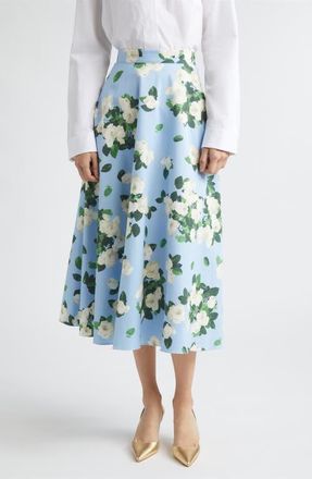 Carolina Herrera Rose Print Midi Skirt in Cloudy Blue Multi at Nordstrom, Size 10