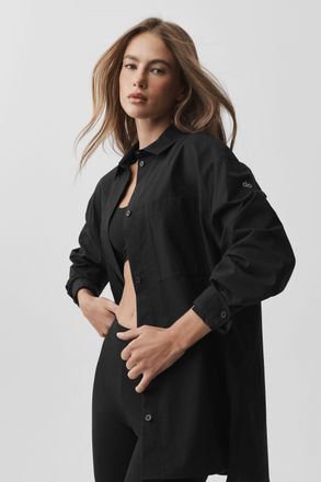 Alo | Cotton Real Deal Button Up Long Sleeve Top in Black, Size: Medium