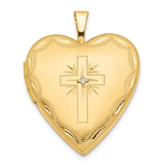 Diamond2Deal 14k Yellow Gold Diamond Satin and Diamond-cut Cross 20mm Heart Locket