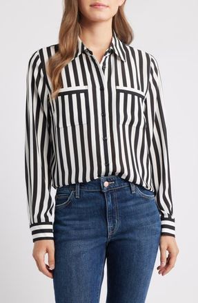 Kasper Stripe Button-Up Shirt in Black/Vanilla Ice at Nordstrom, Size Small