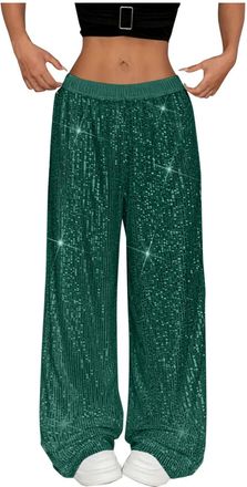 Generic Christmas Trousers for Women UK Womens Sequin Trousers UK Elegant Shiny Sequined High Waisted Pants Sparkly Glitter Mesh Fashion Straight Wide Leg Tro