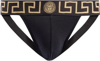 Versace Stretch Cotton Jock Strap in Black Gold Greek Key at Nordstrom, Size 7
