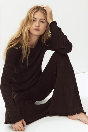 H&M Flared Rib-knit Linen-blend Trousers in Dark Brown at Nordstrom, Size X-Small
