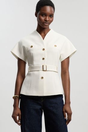 Karen Millen Womens Textured Compact Stretch High Neck Belted Top - White - Size 10 UK