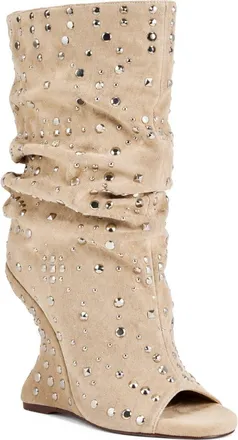 Azalea Wang Naomani Crystal Embellished Peep Toe Wedge Slouch Boot in Beige at Nordstrom, Size 7.5