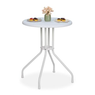 Relaxdays Relaxdays - Mesa Jard&iacute;n Efecto Rat&aacute;n, Redonda, 73 X 60 Cm, Mesita De Balc&oacute;n, Terraza O Exterior, Pl&aacute;stico Y Acero, Blanco