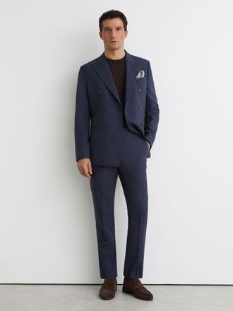 Reiss Airforce Blue Fibre Adjuster Wool Textured Tailored-fit Trousers, 38