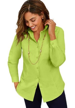 Jessica London Stretch Poplin Button-Down Shirt in Dark Lime at Nordstrom, Size 12