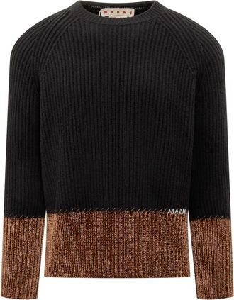 Marni Panelled Logo Embroidered Jumper - Heren - Ronde hals truien - Zwart - M - Wol - Truien & Vesten