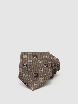 Reiss Taupe Brown Silk-blend Square Floral Medallion Tie