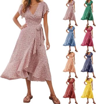 Generic long summer dresses for women uk,Maxi Dress Boho Floral Print Casual Split V Neck Wrap Dress Ruffle Short Sleeve High Waist Flowy Long Beach Midi Dres
