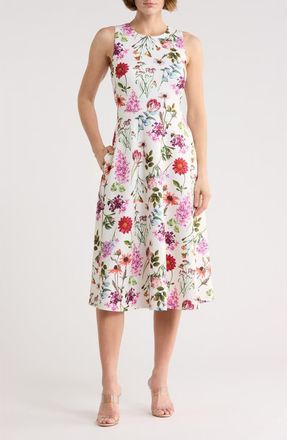 Eliza J Floral Sleeveless Fit & Flare Midi Dress in Ivory Multi at Nordstrom Rack, Size 10