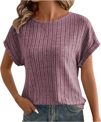 Generic Tops for Womens UK Oversize Short Sleeve Crewneck Shirts Casual Solid Colour Blouses Ladies Fasion Tshirts Loose Fall Lounge Outwear Outfits Purple M 