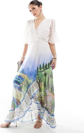 Hope & Ivy Vestito lungo a portafoglio allacciato in vita bianco con stampa di panorama e volant sulle maniche