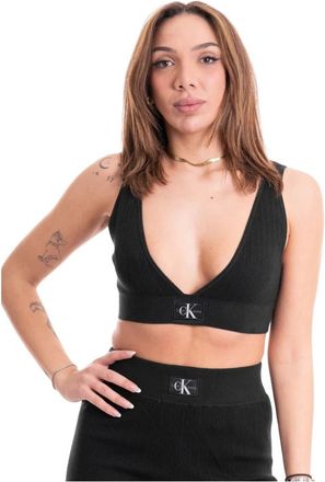 Calvin Klein Jeans Tops, Dames, Zwart, L, Leer, W Bralette Variegated Rib Sweater