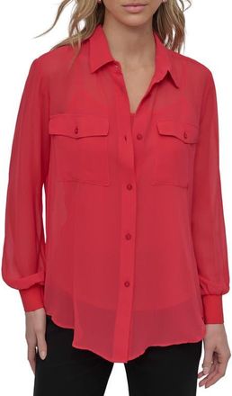 DKNY Chiffon Button-Up Shirt in Watermln Sugar at Nordstrom, Size X-Large