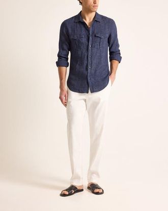 Orlebar Brown Colburn Lino Tailored Fit Linen Shirt with Chest Pockets in Night Iris at Nordstrom, Size Medium