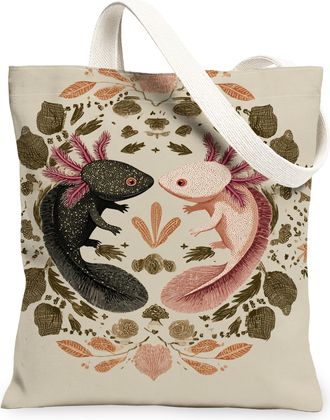 Generic Axolotl Canvas Tote Bags, Aquatic Creature Reusable Grocery Bags, Spring Floral Lightweight Washable Shoulder Strap Canvas, Beige, 13x15 Inch