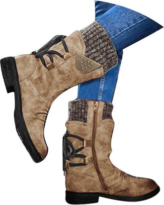 Generic Winter Boots For Women uk Mid Calf Riding Slouchy Vintage Knit Leather Splicing Round Toe Chunky Block Heels Warm Lace Up Dressy Combat Winter Snow Fa