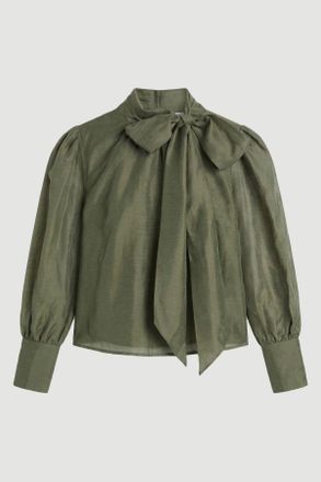 Karen Millen Womens Plus Size Organdie Woven Pussybow Blouse - Khaki Lyocell - Size 24 UK