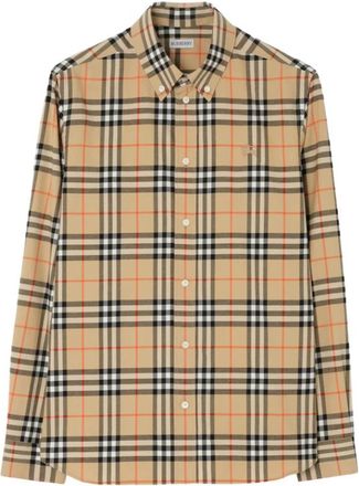 Burberry Robert Geruite Katoenen Overhemd - Heren - Casual Overhemden - Beige - M - Katoen - Overhemden