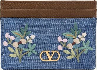 Valentino Garavani Floral-Embroidered Denim & Leather Card Holder