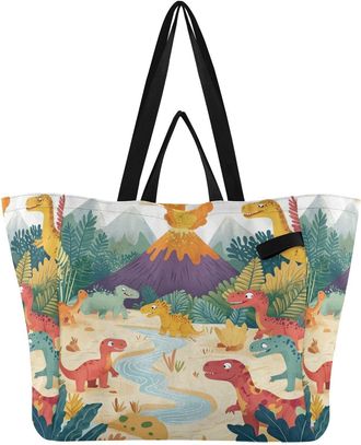 Generic Dinosaur Beige print Reusable Canvas Tote Bag, Heavy Duty Grocery Shopping Bag with Double Handles Large Capacity Hard Bottom Work Groceries Travel
