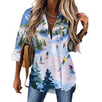 Generic Ski Slope Funny Womens Long Sleeve Shirt Printed Casual Blouses Button Down Tops