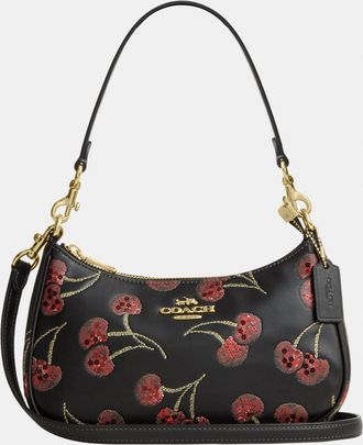 Coach Womens Teri Shoulder Bag With Cherry Print - Black Leather - One Size