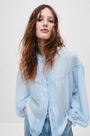 H&M Ruffle-trimmed balloon-sleeved blouse in Light Blue at Nordstrom, Size X-Small