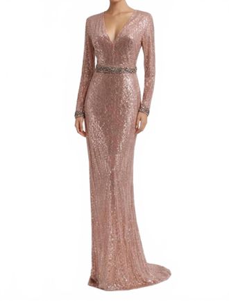 Mac Duggal Embellished Sequin Long Sleeve Gown In Rose Gold