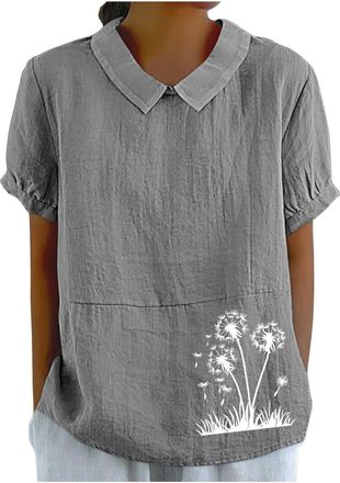 Generic Linen Shirts for Women UK Summer Lightweight Short Sleeve Tshirts Cute Collared Tops Boho Casual Blouses