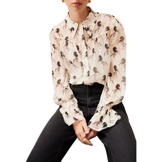 Mint Velvet Horse Print Sheer Blouse in Cream at Nordstrom, Size Small