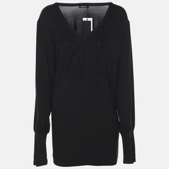 Elena Miro Black Jersey Embellished V Neck Top