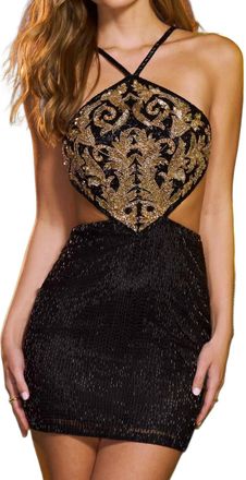 Sherri Hill Halter Mini Dress In Black, Gold