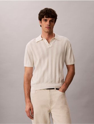 Calvin Klein Mens Rib Stitch Cotton Polo Sweater - White/Natural - 2XL