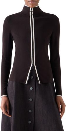 Akris Tipped Wool Zip Cardigan in Espresso-Cream at Nordstrom, Size 10