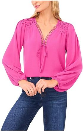 CeCe by Cynthia Steffe Long Sleeve Circular Trim Pintuck Top Womens Clothing Deep Orchid : XL, Polyester/Spandex