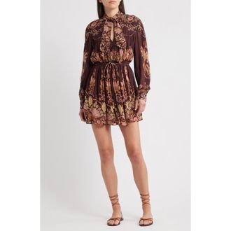 Farm Rio Bella Floral Long Sleeve Minidress in Burgundy at Nordstrom Rack, Size X-Large