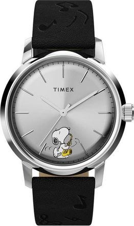 Timex x Peanuts Marlin Saxophonist Automatic Leather Strap Watch, 40mm in Silver at Nordstrom