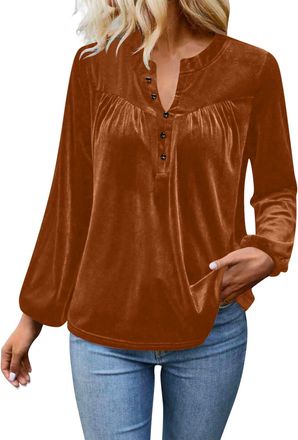 Generic Jumpers for Women Uk Ladies Velvet Button Up V Neck Velour Tops Swing Long Sleeve Tunic Blouse Elegant Soft Henley Shirt Sweaters Evenings Out Special