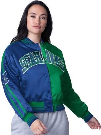Starter Womens Starter College Navy/Neon Green Seattle Seahawks Zone Blitz Cropped Full-Snap Satin Jacket at Nordstrom, Size Xx-Large