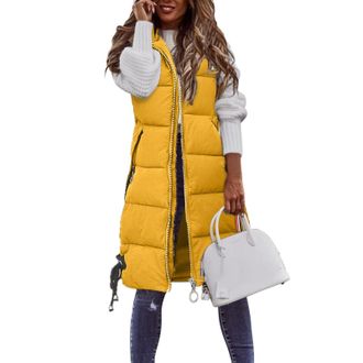 Generic Women Long Padded Gilet Winter Hooded Quilted Coat Lightweight Ladies Sleeveless Jacket (UK, Alpha, XXL, Regular, Regular, Yellow)