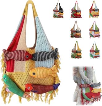 Generic 3D Fish Knitted Tote Bag,Bohemian Fringe Yarn Patchwork Shoulder Bag with Fish Decoration,Womens Cute Cartoon Fishes Handbag (Yellow)