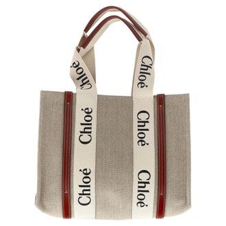 Chlo&eacute; Chlo&eacute; Medium Woody Tote Bag in beige linnen canvas