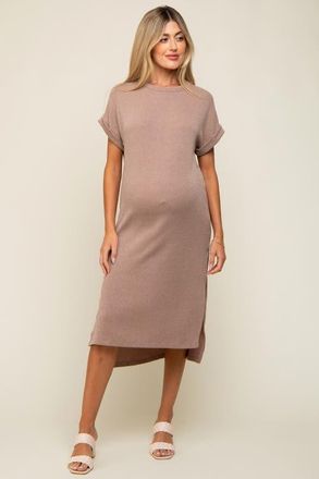 Pinkblush Ribbed Short Sleeve Midi Dress in Mocha at Nordstrom, Size Large