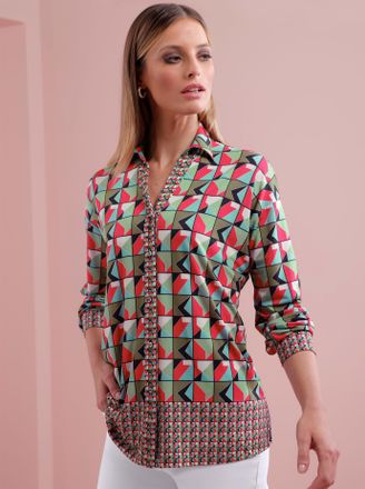 Heine Langarmshirt HEINE Shirtbluse, Damen, Gr. 34, pink, schwarz, bedruckt, 95% Polyester, 5% Elasthan, bedruckt, gemustert, mehrfarbig, V-Ausschnitt, Shir