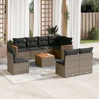 vidaXL Set De Muebles De Jard&iacute;n 9 Pzas Y Cojines Rat&aacute;n Sint&eacute;tico Gris Vidaxl