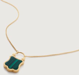 Monica Vinader Gold Shield Gemstone Padlock Fine Chain Necklace 41-46cm/16-18 Malachite