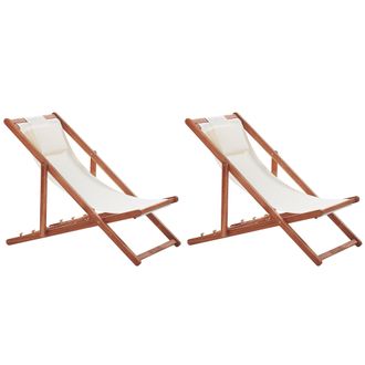 Beliani Conjunto De 2 Tumbonas De Jard&iacute;n De Madera De Acacia Oscura Blanco Crema Con 2 Telas A Elegir Reclinable Plegable Avellino